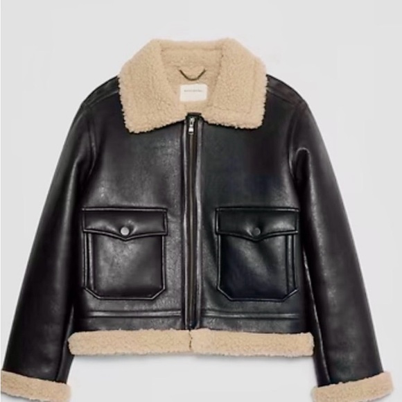 NWT Banana Republic Women FAUX SHEARLING VEGAN LEATHER BOMBER JACKET size PS - Picture 5 of 8